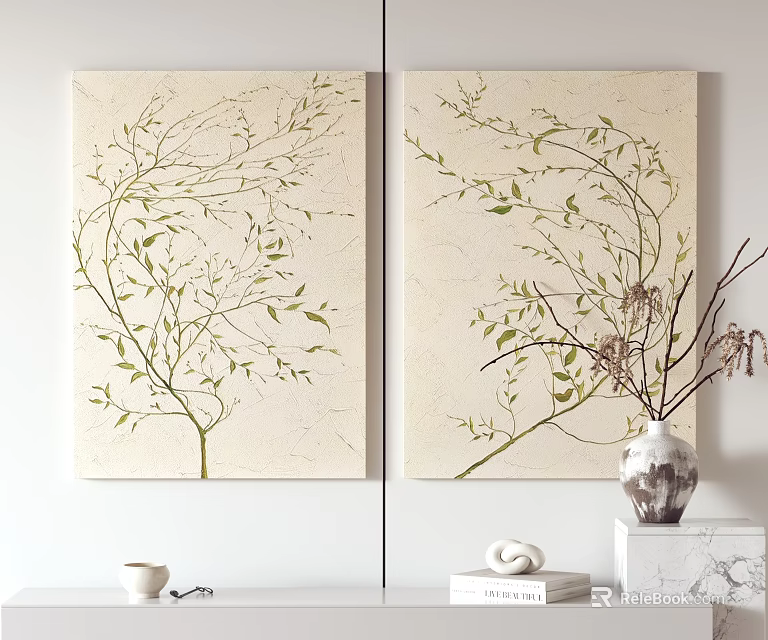 Two Panel Botanical Paintings with Green Leafy Branches on Light Beige Background 3d model 