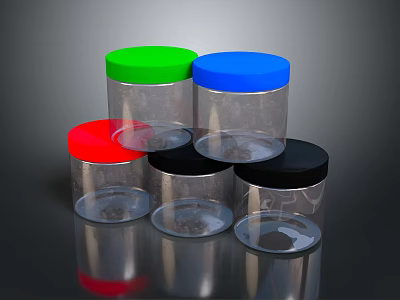 Transparent Plastic Jars With Different Colored Lids Stacked On Reflective Surface 3d model