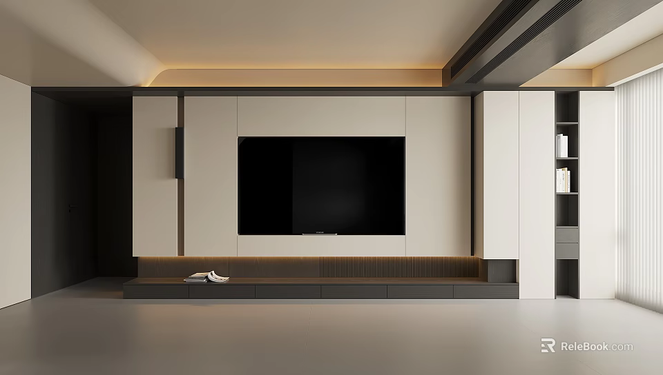 Modern TV Wall with White Cabinets Platform Base and Ambient Lighting Design 3d model