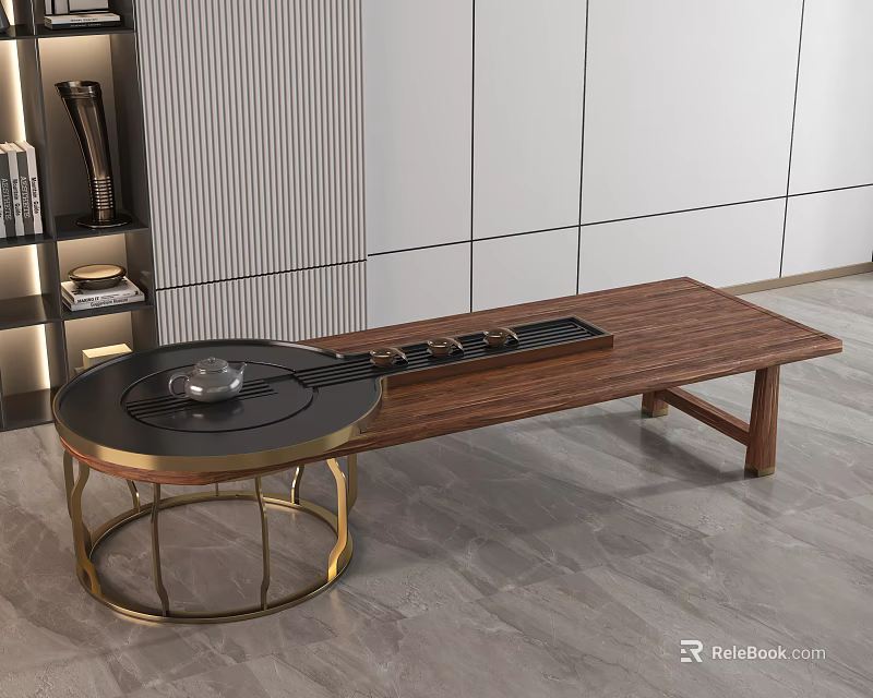 Modern Style Wooden Tea Table with Round Side Table Golden Frame and Tea Set 3d model