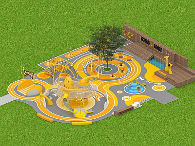 Vibrant Kids Playground With Yellow Orange Play Equipment Slide Swings Climbing Structure And Green Grass 3d model
