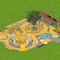 Vibrant Kids Playground With Yellow Orange Play Equipment Slide Swings Climbing Structure And Green Grass