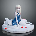 Child in Blue Dress with White Teddy Bear on Round White Mat with Red Dots