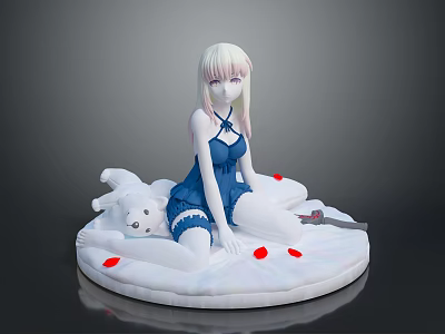 Child in Blue Dress with White Teddy Bear on Round White Mat with Red Dots 3d model