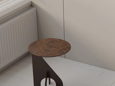 Modern Wooden Side Table With Round Top And Black Base In Room With White Floor 3d model