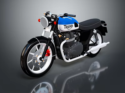 Triumph Vintage Motorcycle In Blue And White With Black Seat Round Headlight And Red Brake Caliper 3d model