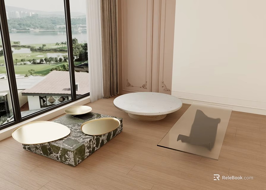 Modern Side Table With Round Top And Tray Near Window In Living Room Wooden Floor 3d model 