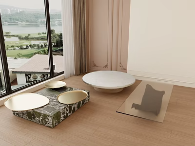 Modern Side Table With Round Top And Tray Near Window In Living Room Wooden Floor 3d model