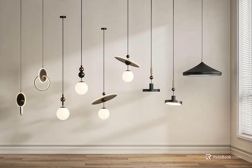 Various Modern Pendant Lights Hanging On Light Colored Wall With Wooden Floor 3d model 