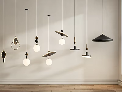 Various Modern Pendant Lights Hanging On Light Colored Wall With Wooden Floor 3d model