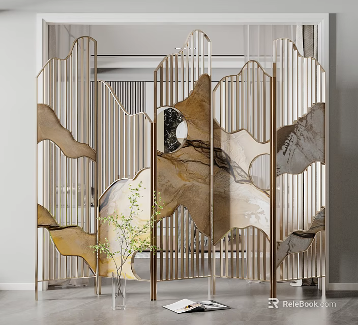 Modern Interior Decorative Screen With Gold Metal Frame Abstract Marble Patterns And Green Plant 3d model