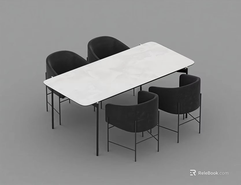 Modern Dining Table Set with White Rectangular Tabletop Black Upholstered Chairs and Black Metal Legs 3d model