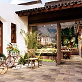 Rustic Specialty Store Interior With Brick Wall Greenery Wooden Shelves And Decorative Items