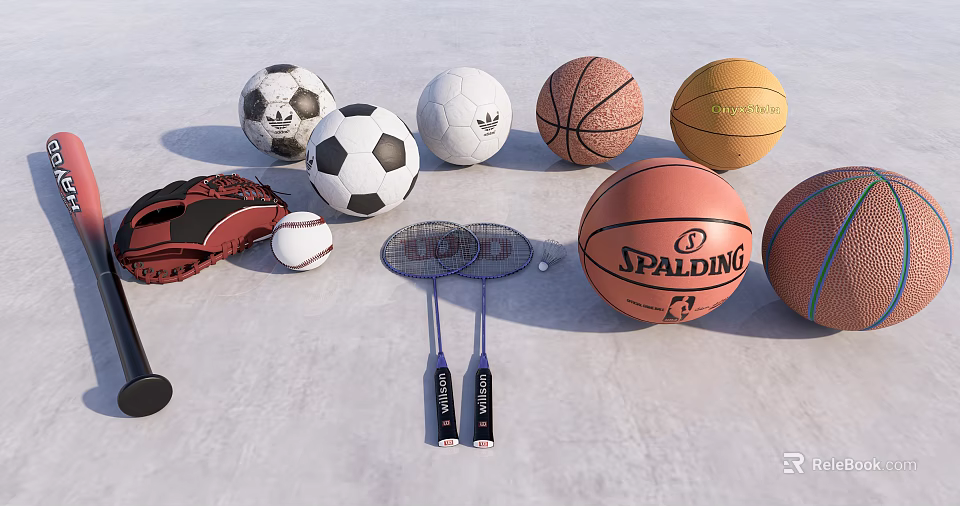 Various Sports Equipment Collection Including Soccer Balls Basketball Baseball Glove And Badminton Rackets 3d model 
