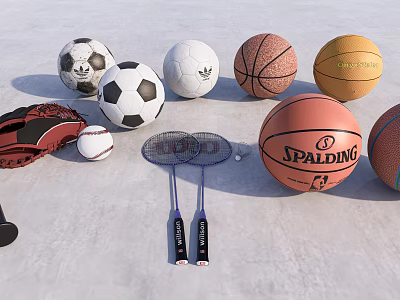 Various Sports Equipment Collection Including Soccer Balls Basketball Baseball Glove And Badminton Rackets 3d model