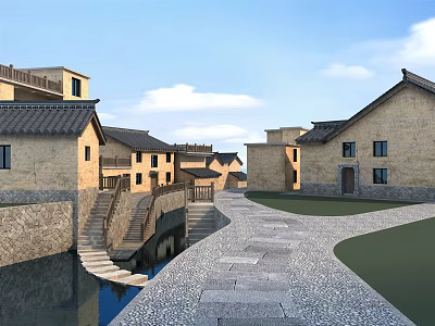 Traditional Chinese Buildings With Stone Path Steps Small River And Green Grass 3d model