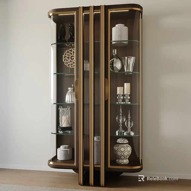 Elegant Decorative Cabinet With Glass Doors Gold Frame Multiple Shelves And Decorative Items 3d model 