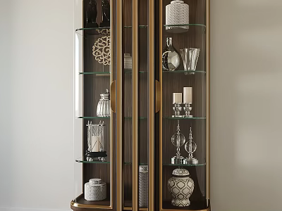 Elegant Decorative Cabinet With Glass Doors Gold Frame Multiple Shelves And Decorative Items 3d model