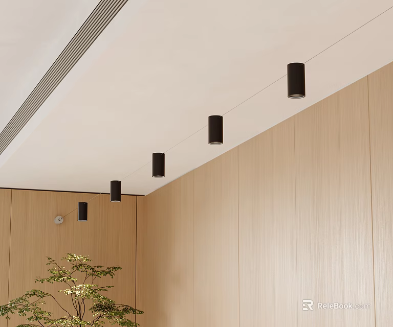 Modern Minimalist Interior With Black Cylindrical Pendant Lights Arranged On Ceiling And Wooden Walls 3d model 
