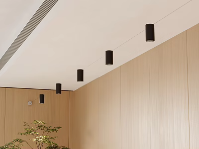 Modern Minimalist Interior With Black Cylindrical Pendant Lights Arranged On Ceiling And Wooden Walls 3d model