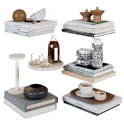 Tabletop Decorative Ornament Set With Stacked Books Marble Tray Cup And Glass 3d model