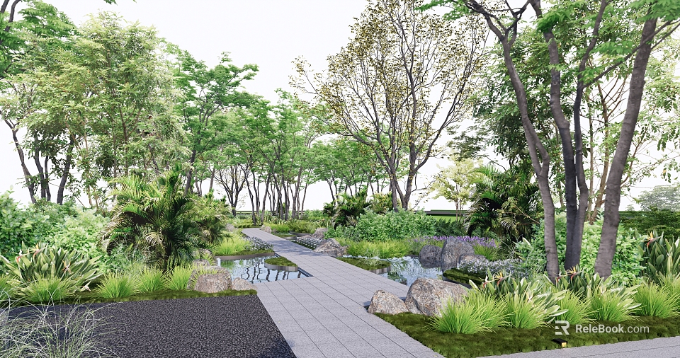 Scenic Park Landscape Featuring Tree Lined Path Small Pond Rocks And Lush Greenery 3d model 