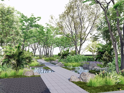 Scenic Park Landscape Featuring Tree Lined Path Small Pond Rocks And Lush Greenery 3d model