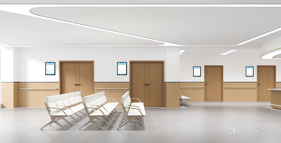 Modern Medical Waiting Area With White Chairs Wooden Doors And Wall Displays 3d model 