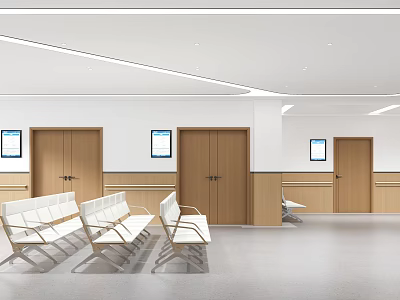 Modern Medical Waiting Area With White Chairs Wooden Doors And Wall Displays 3d model
