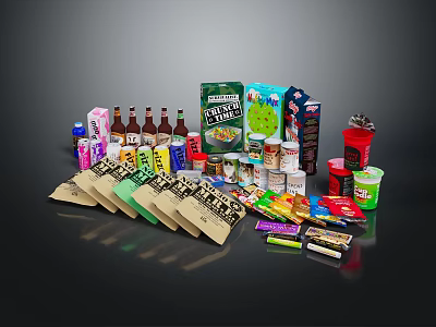 Assorted Packaged Food And Beverage Items Including Bottles Cans And Snacks 3d model