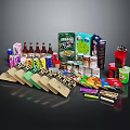Assorted Packaged Food And Beverage Items Including Bottles Cans And Snacks