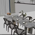 Elegant Marble Top Dining Table Set With Dark Chairs Tableware And Vase 3d model