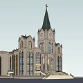 Historic Church Architecture With Steeple Cross Clock Tower Arched Windows And Stone Steps