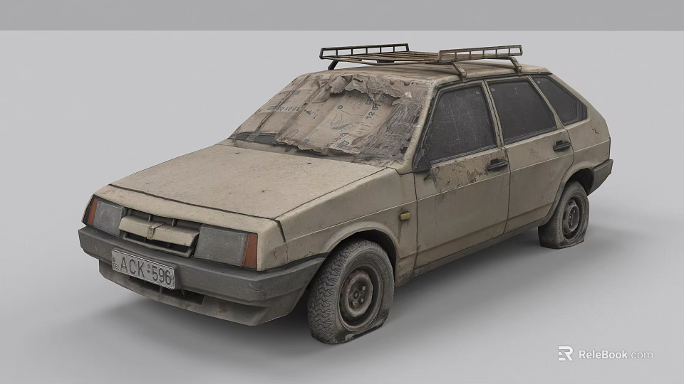 Old Worn Hatchback Car With Roof Rack And Dirty Damaged Exterior 3d model 