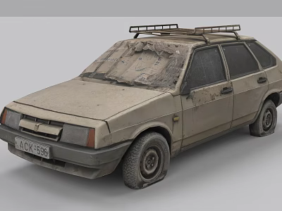 Old Worn Hatchback Car With Roof Rack And Dirty Damaged Exterior 3d model