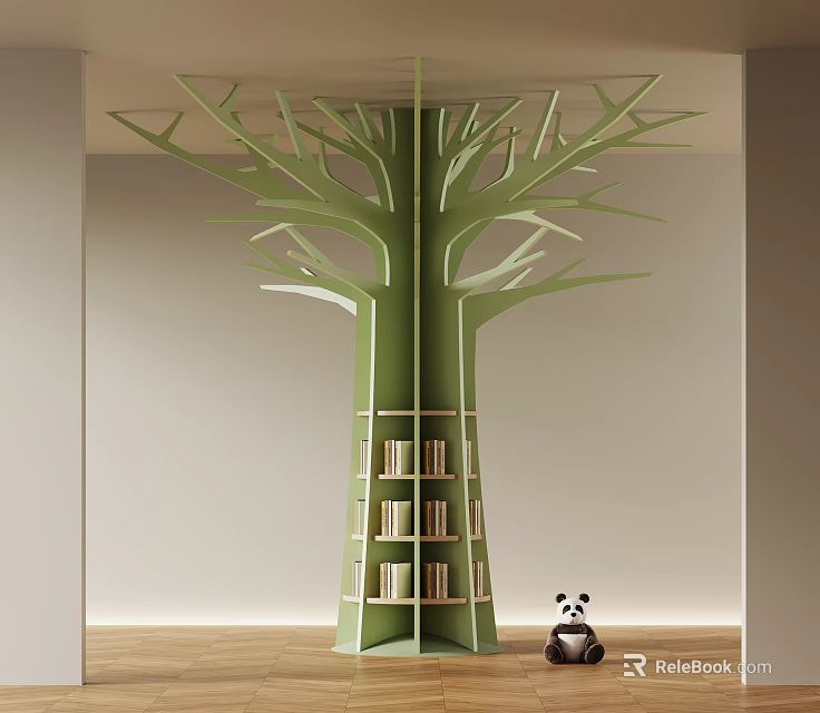 Tree Shaped Green Pillar with Built in Bookshelves Holding Books and Panda Figurine in Room 3d model 