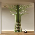 Tree Shaped Green Pillar with Built in Bookshelves Holding Books and Panda Figurine in Room