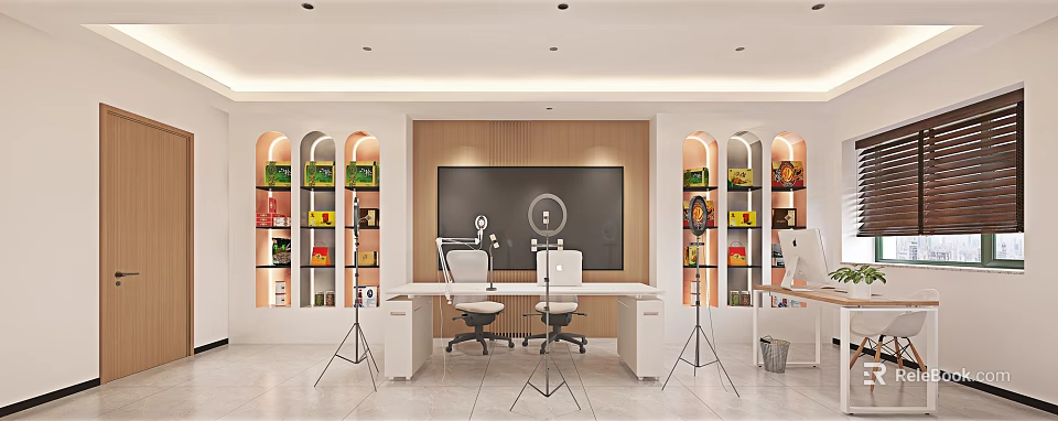 Modern Public Office Space With Workstations Ergonomic Chairs Large Screen And Bookshelves 3d model 