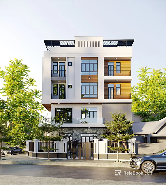 Modern Detached Villa Exterior With White Wooden Design Multiple Windows And Green Trees Surrounding 3d model 