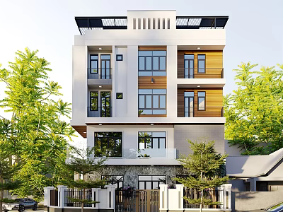 Modern Detached Villa Exterior With White Wooden Design Multiple Windows And Green Trees Surrounding 3d model