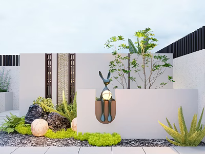 Modern Elegant Courtyard Design With Rabbit Ornament Green Plants Stone Lanterns Low Walls And Grilles 3d model
