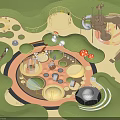 Children's Play Area Design With Mushroom Shaped Structures Circular Play Zone Climbing Nets and Slides
