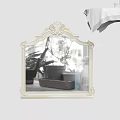 Decorative Mirror with Ornate Carved Frame and Top Design Reflecting Indoor Plants and Flower Pots