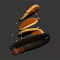 Black Frying Pan With Red Handle Stacked Pancakes And Golden Syrup