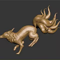 Golden Multi Tailed Fox 3D Character in Dynamic Pose with Metallic Shine on Dark Background 3d model