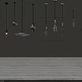 Various Modern Pendant Lights With Different Shapes And Materials Hanging On Grey Background 3d model