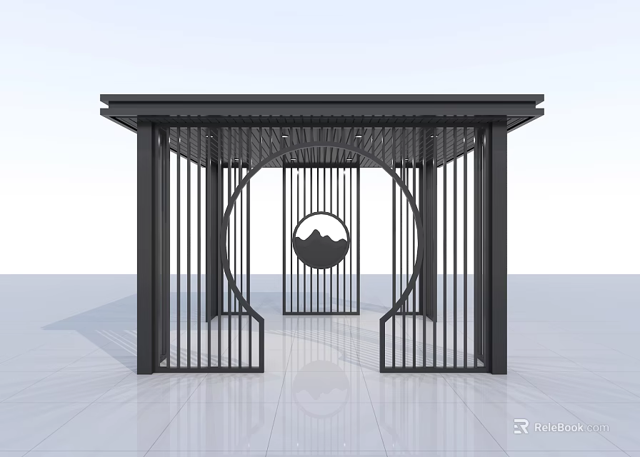 Modern Metal Architectural Component with Vertical Slats Circular Cutout and Mountain Sun Landscape Pattern 3d model 
