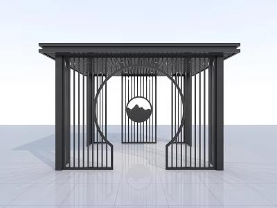 Modern Metal Architectural Component with Vertical Slats Circular Cutout and Mountain Sun Landscape Pattern 3d model