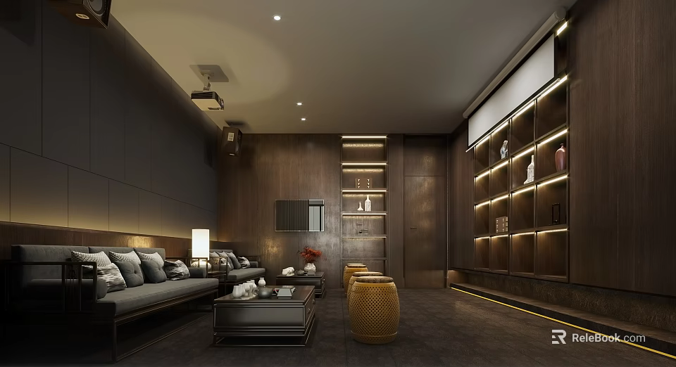 Home Theater Interior Design With Comfortable Sofa Coffee Table Projector Setup And Storage Cabinets 3d model