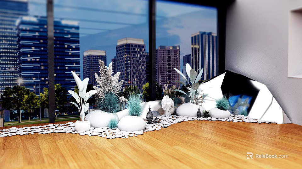 Modern Interior Design Featuring Large Windows City View White Stones Green Plants On Wooden Floor 3d model 